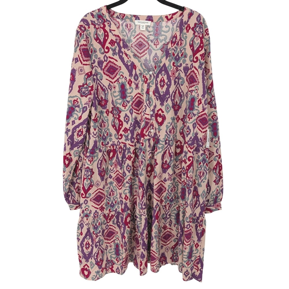 Beachlunchlounge Maddie Dress Women XL Pink Ikat Tiered Long Sleeve Pocket NWT